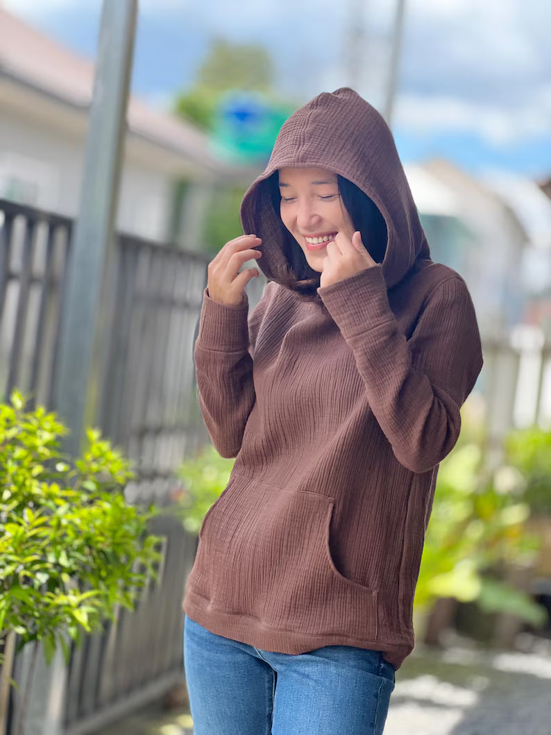 Cotton Gauze Muslin Hoodie - Lightweight Triple Gauze Hooded Sweatshirt for Women