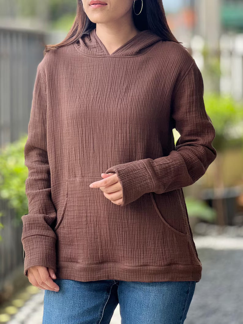 Cotton Gauze Muslin Hoodie - Lightweight Triple Gauze Hooded Sweatshirt for Women