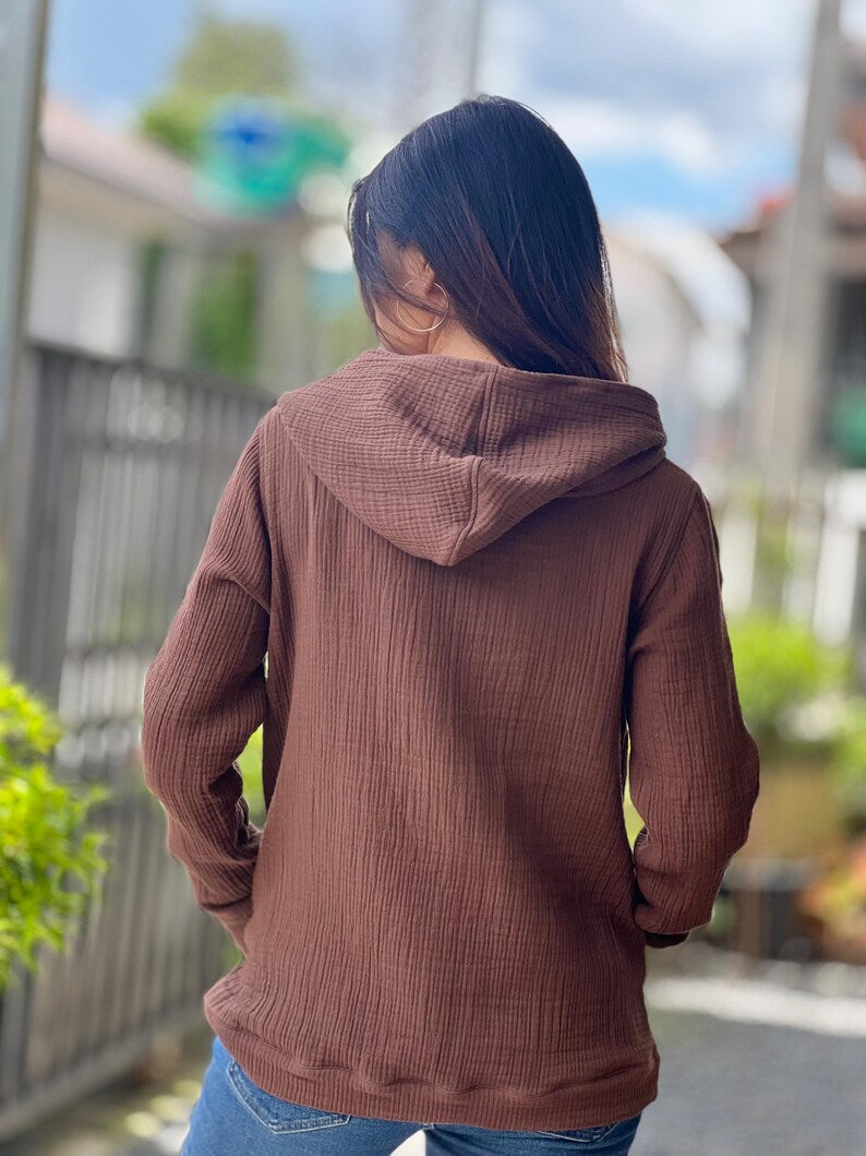 Cotton Gauze Muslin Hoodie - Lightweight Triple Gauze Hooded Sweatshirt for Women