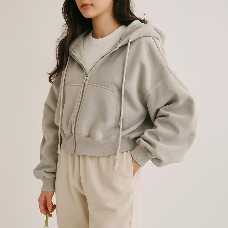 Fleece Oversized Cropped Zip Hoodie - Cozy Heavyweight Everyday Sweatshirt