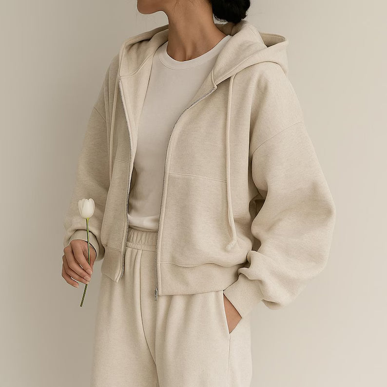 Fleece Oversized Cropped Zip Hoodie - Cozy Heavyweight Everyday Sweatshirt