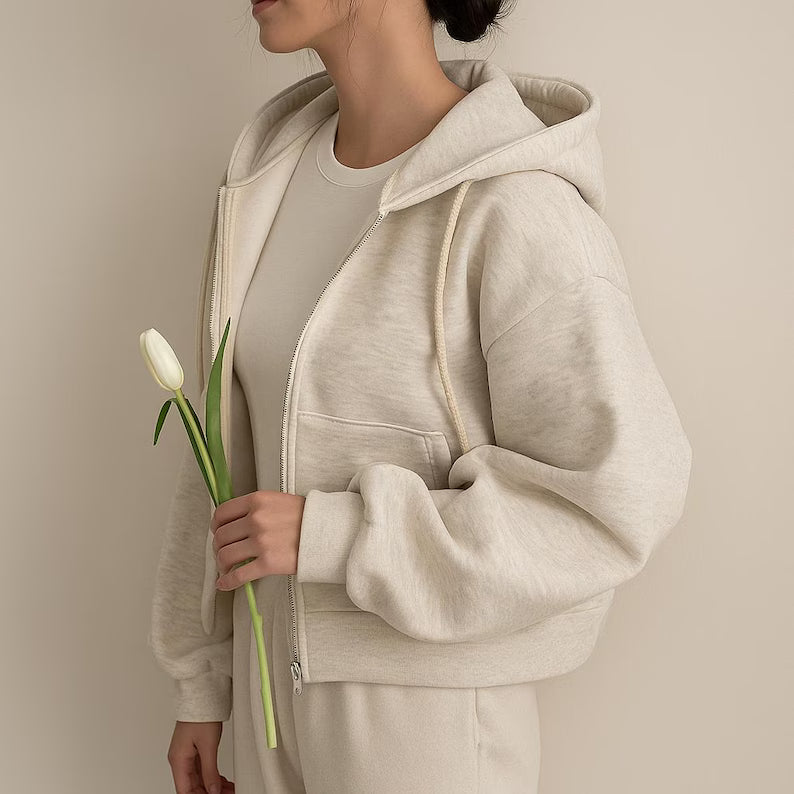 Fleece Oversized Cropped Zip Hoodie - Cozy Heavyweight Everyday Sweatshirt