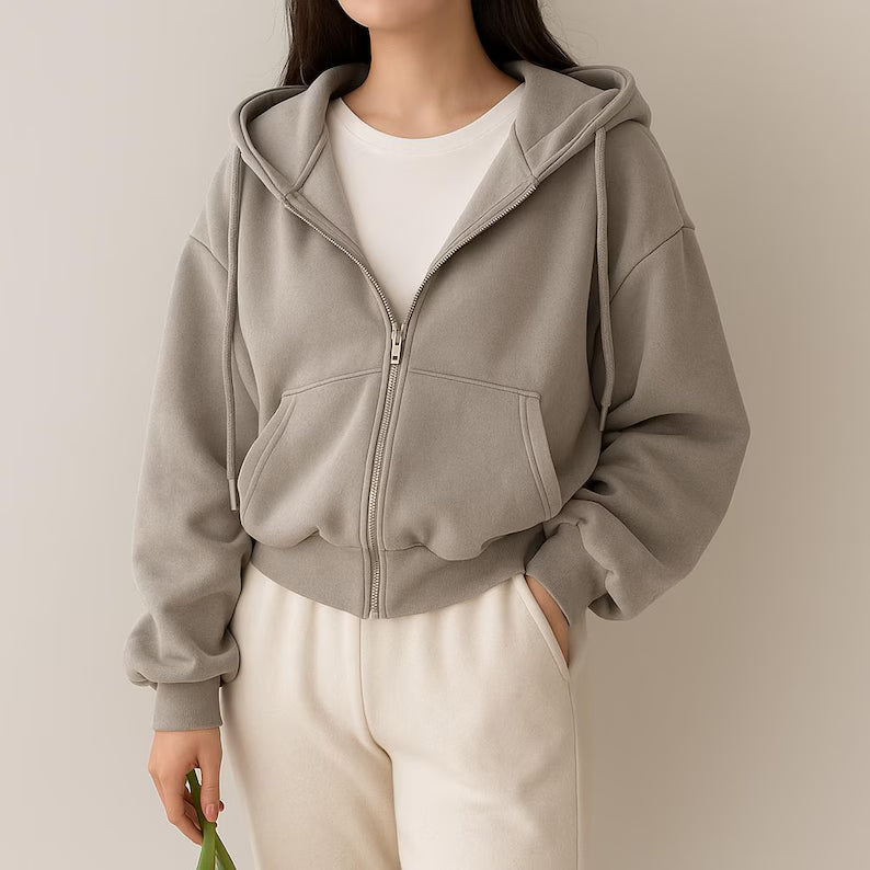 Fleece Oversized Cropped Zip Hoodie - Cozy Heavyweight Everyday Sweatshirt