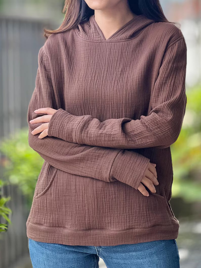 Cotton Gauze Muslin Hoodie - Lightweight Triple Gauze Hooded Sweatshirt for Women