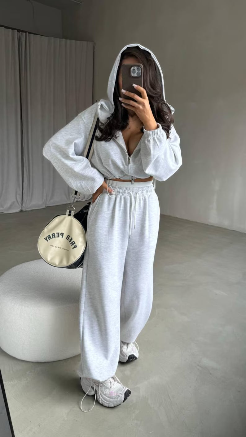 Women's Oversized Zip Hoodie & Palazzo Sweatpants Set - Cozy Travel Loungewear