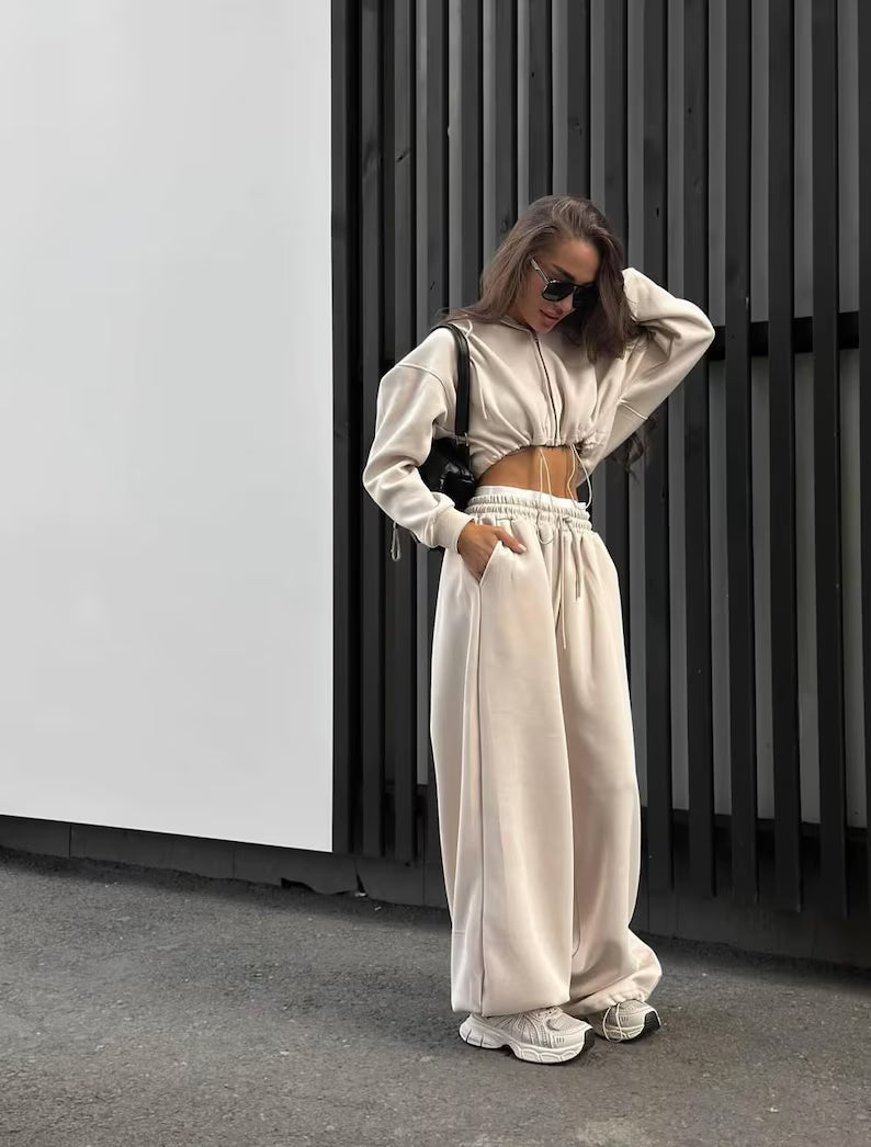 Women's Oversized Zip Hoodie & Palazzo Sweatpants Set - Cozy Travel Loungewear