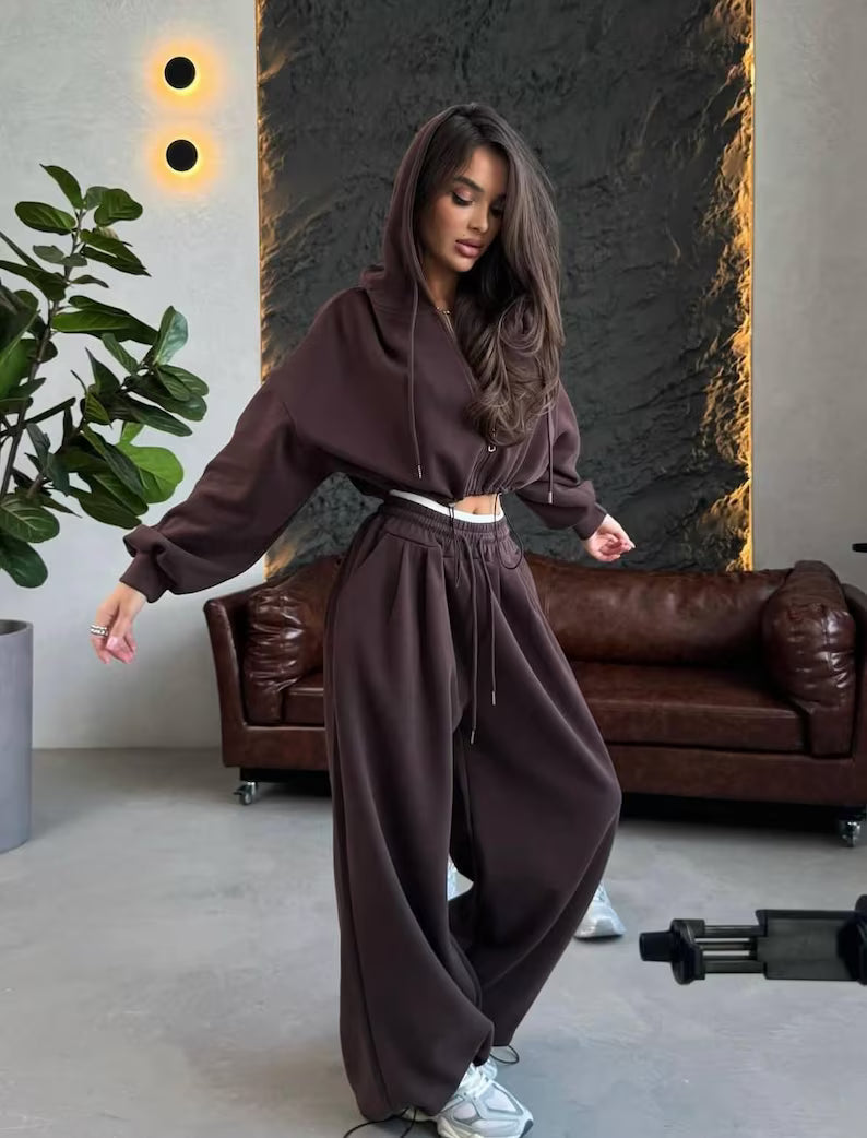 Women's Oversized Zip Hoodie & Palazzo Sweatpants Set - Cozy Travel Loungewear