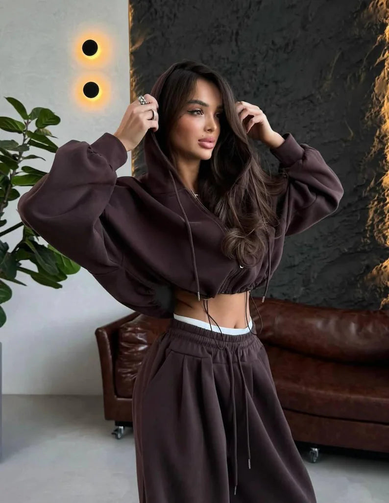 Women's Oversized Zip Hoodie & Palazzo Sweatpants Set - Cozy Travel Loungewear